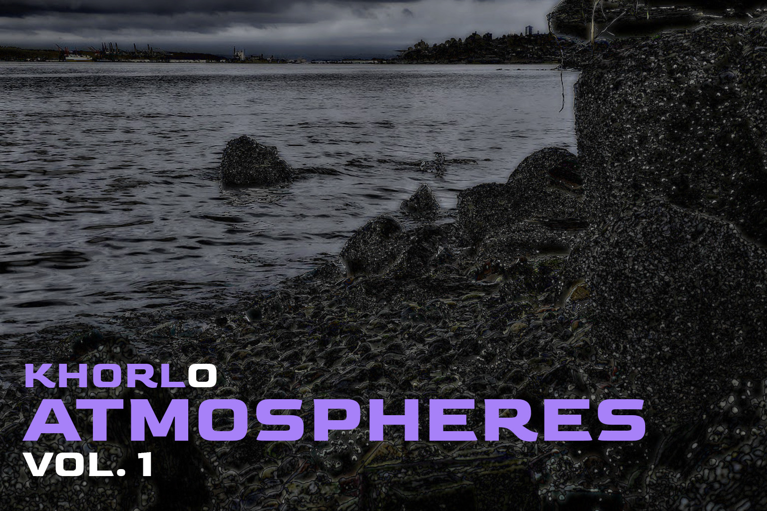 A dark, rocky shoreline under storm clouds, with KHORLO ATMOSPHERES VOL. 1 lettered over it.