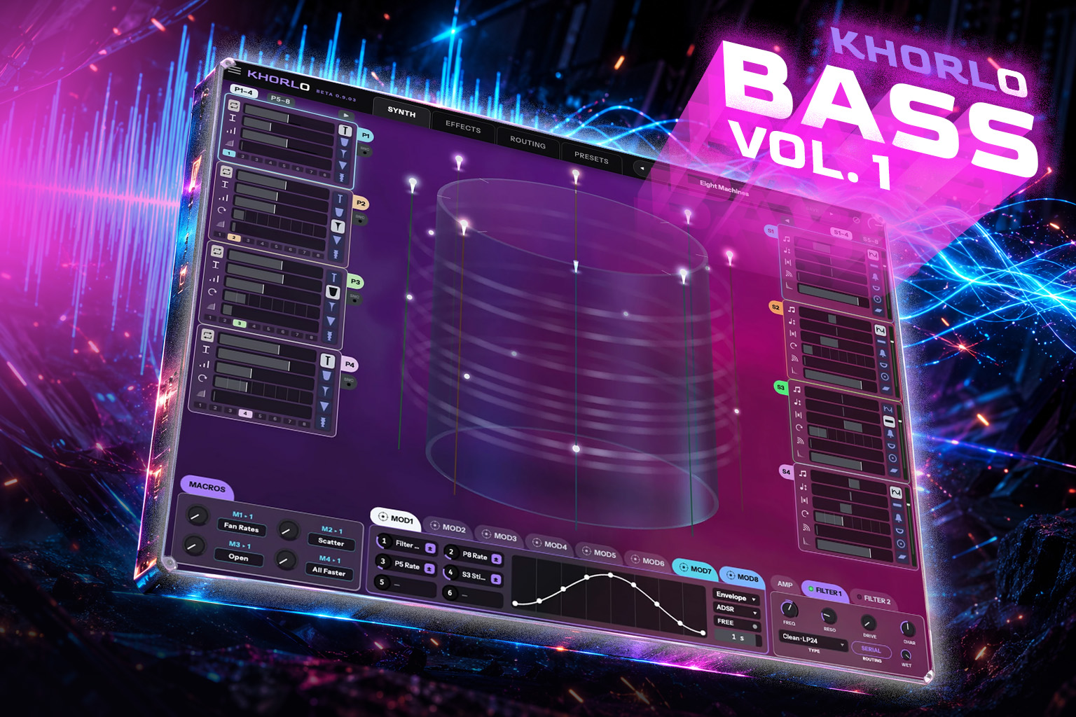 Khorlo's interface floating over pink and blue light, under the words KHORLO BASS VOL. 1 in neon.