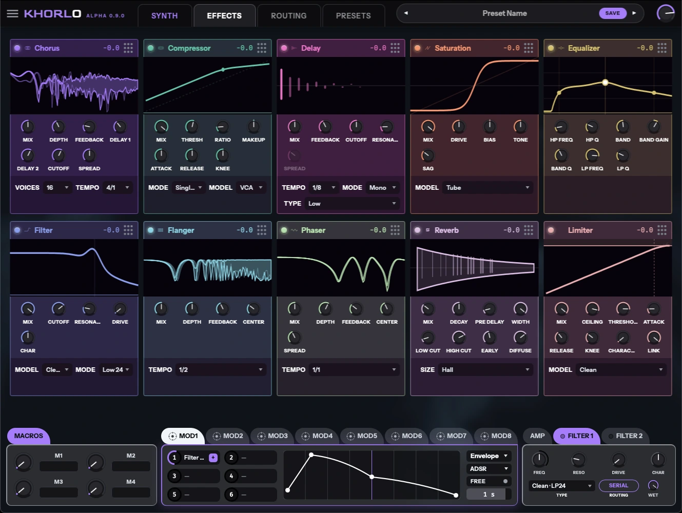 Khorlo's effects view. Ten effect panels — chorus, compressor,
                    delay, saturation, equalizer, filter, flanger, phaser, reverb and
                    limiter — each with a display above its knobs, over a row of macro
                    and modulation controls.