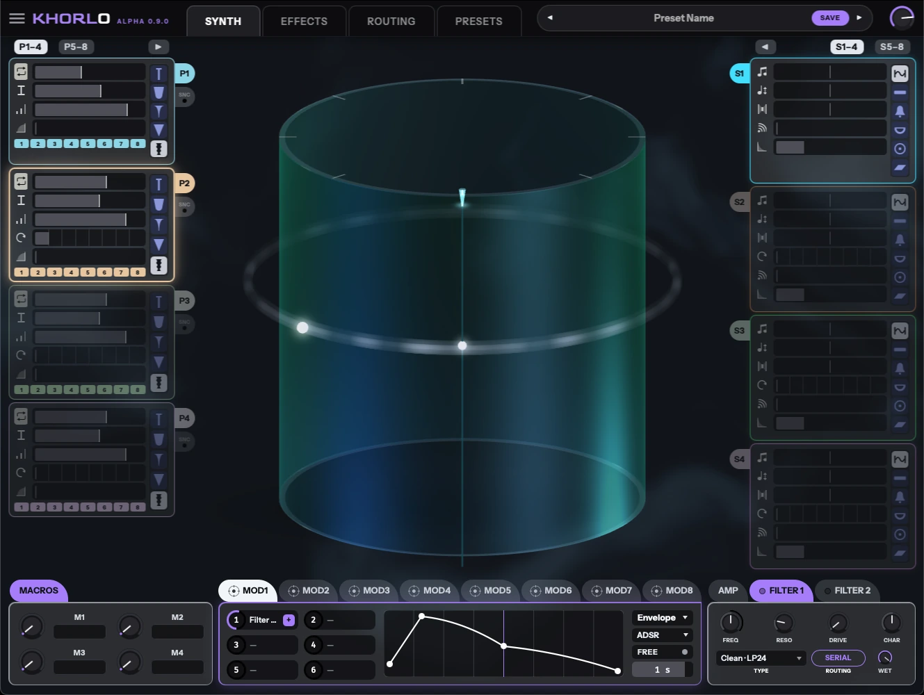 Khorlo's synth view. A 3D glass cylinder carrying vertical strings
                    inside an encircling impulse ring, plucker cards down the left edge
                    and string cards down the right, with macros, the eight MOD tabs and
                    the amp and filter tabs along the bottom.
