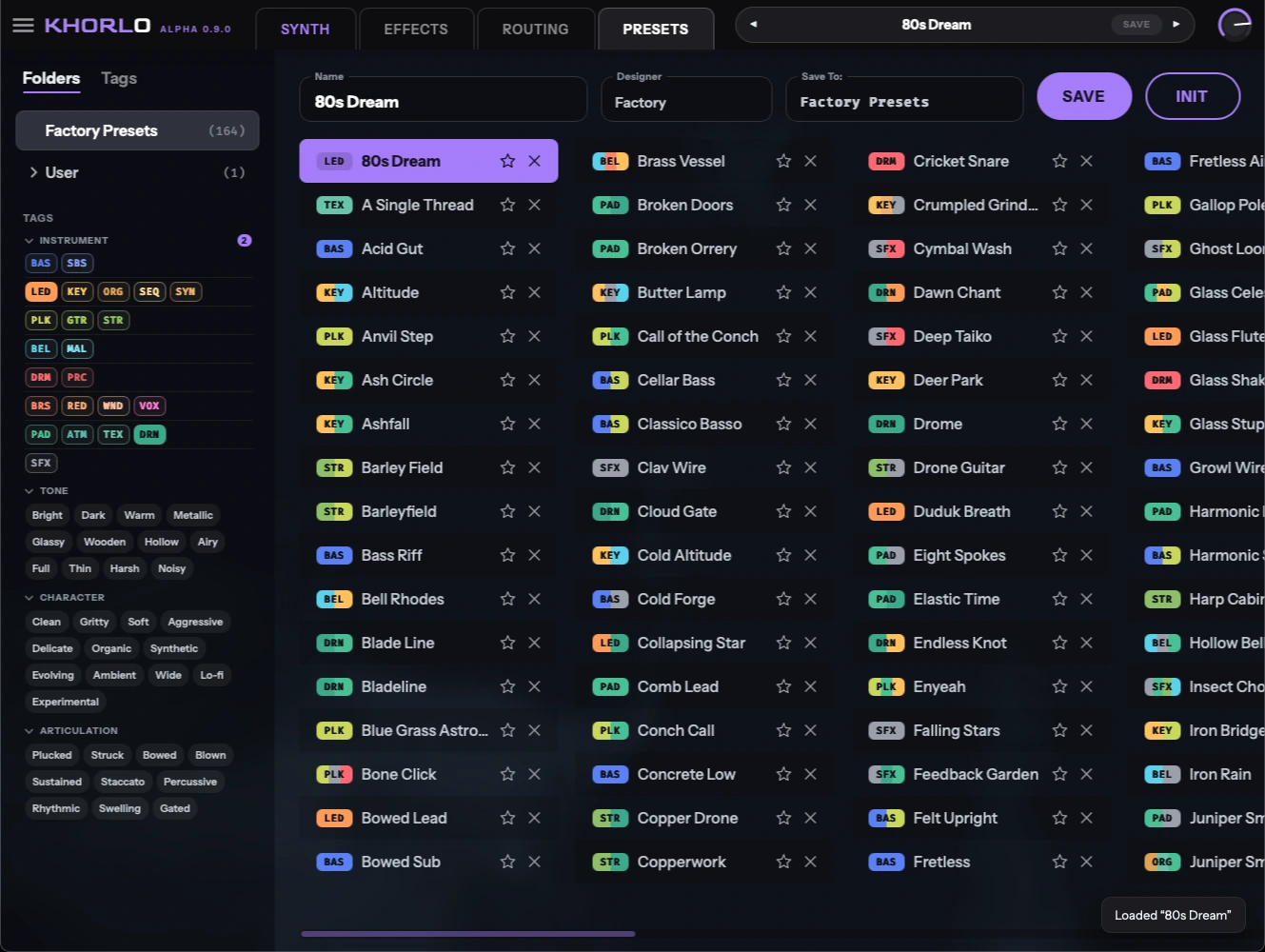 Khorlo's preset browser. A folders and tags sidebar down the left
                    with instrument, tone, character and articulation filters; columns
                    of presets, each with a three-letter instrument badge, a favourite
                    star and a delete control; name, designer and Save To fields across
                    the top.