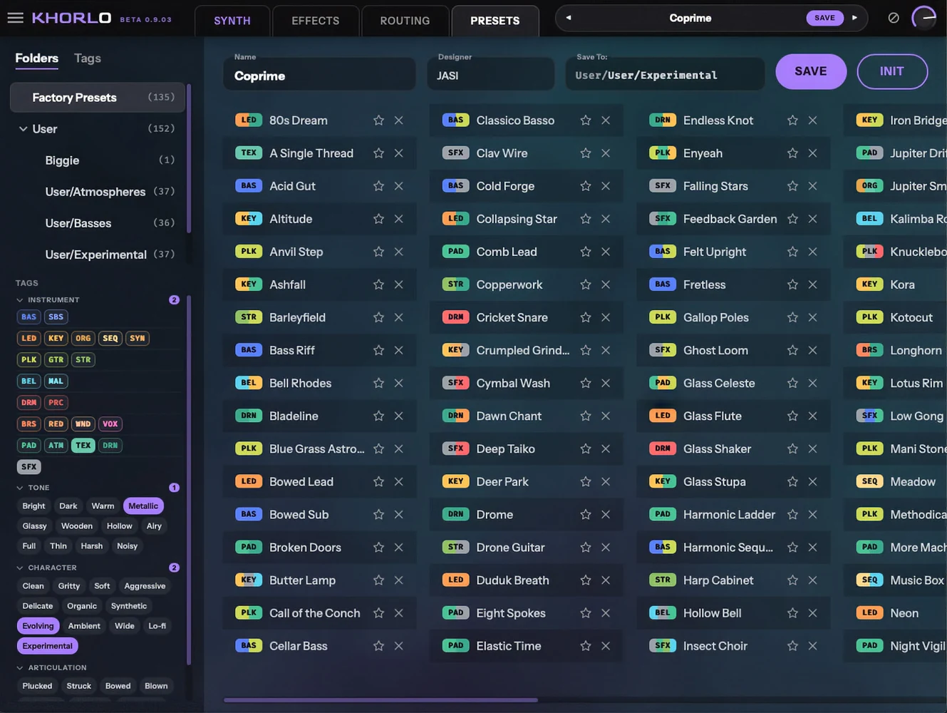 Khorlo's preset browser. A folders and tags sidebar down the left
with instrument, tone, character and articulation filters; columns
of presets, each with a three-letter instrument badge, a favourite
star and a delete control; name, designer and Save To fields across
the top.