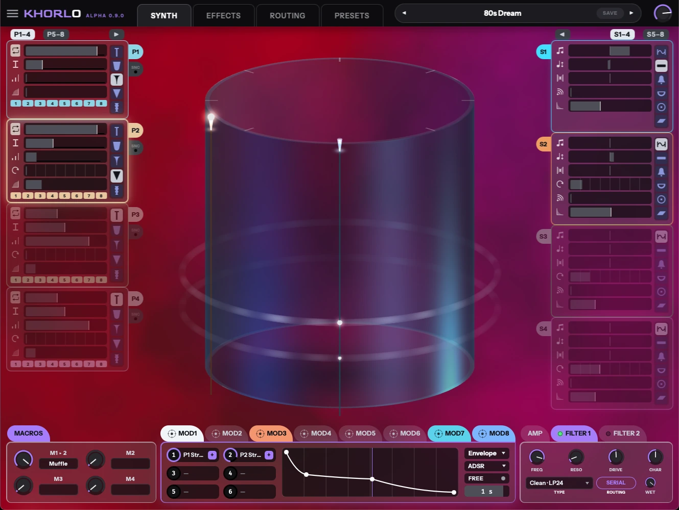 The 80s Dream preset dressed in crimson and deep purple, with a
                  macro named Muffle on the panel bottom left.