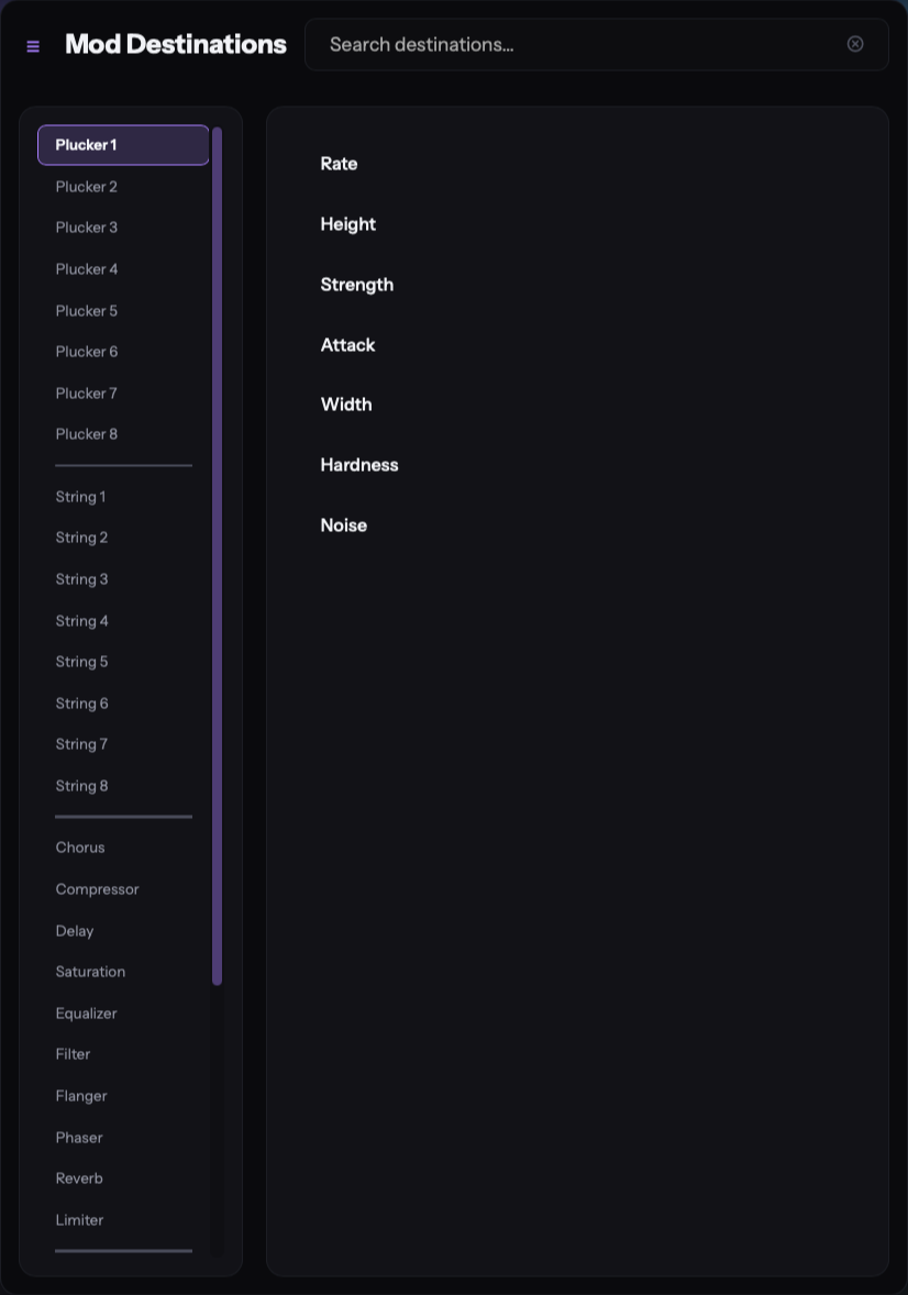 The Mod Destinations picker, with Plucker 1 selected and its seven controls listed