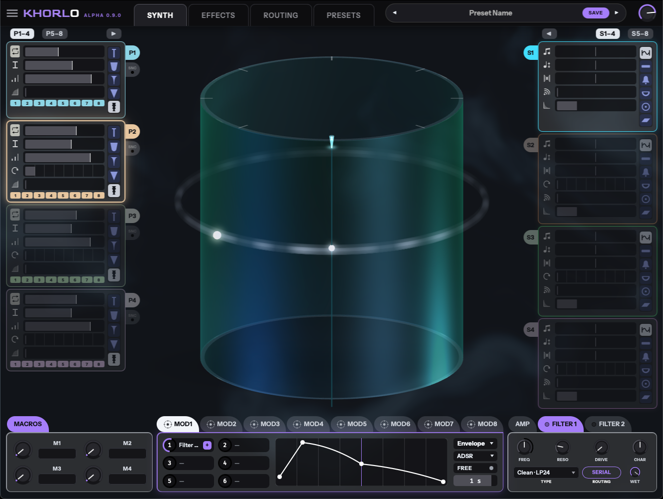 Khorlo's synth view: the 3D cylinder, plucker cards, string cards.